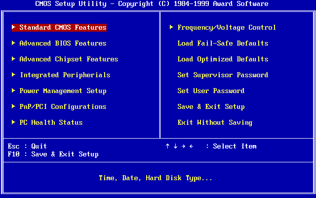 BIOS options screen